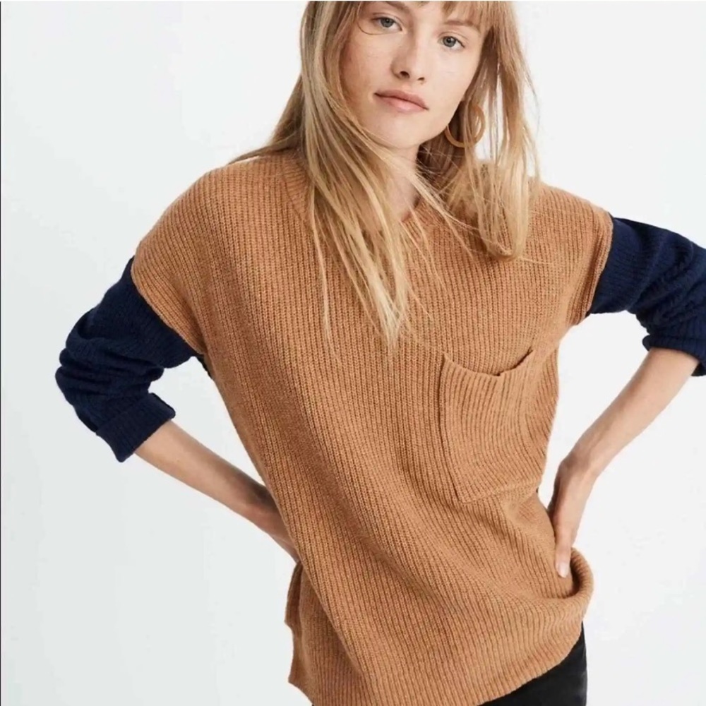 Madewell Thompson Pocket Ribbed Pullover Sweater Size XXS Blue Tan Colorblock